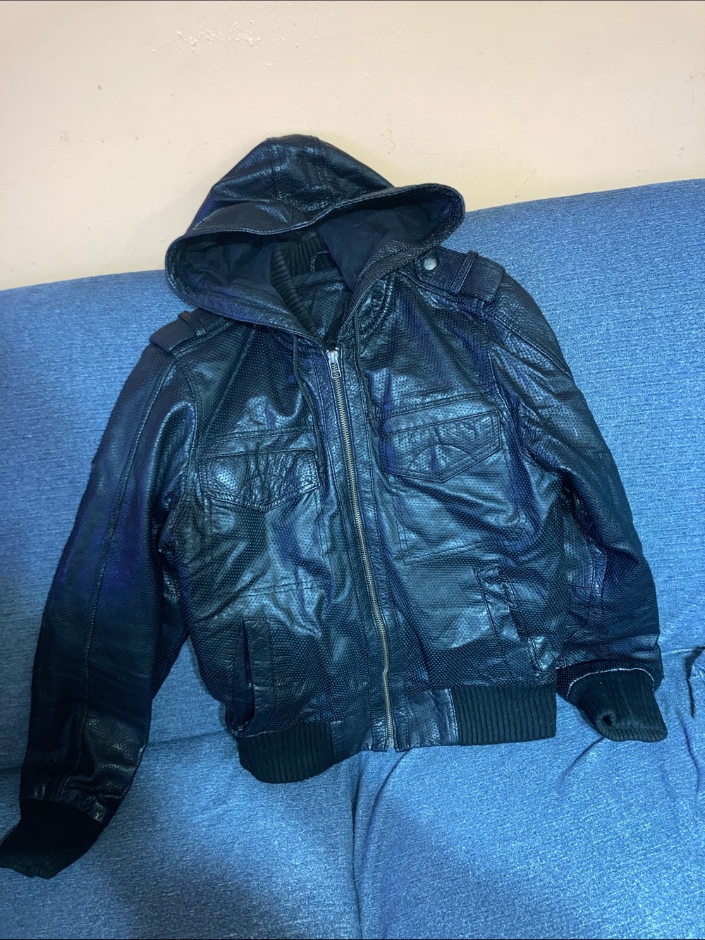 Vintage Topman Men's Black genuine, leather Hooded Faux Leather Bomber Jacket